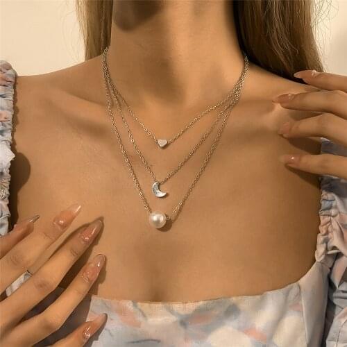 2021 Boho Thin Chain Heart-shaped Moon Faux Pearl Pendant Necklace For Women Fashion Multilayer Choker Gold Silver Color Jewelry