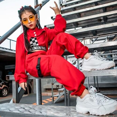 Jazz Dance Costumes for Children Hip Hop Teenage Girls Long Sleeve Red Tops Pants Vest Street Dance Drum Stage Perform Clothing