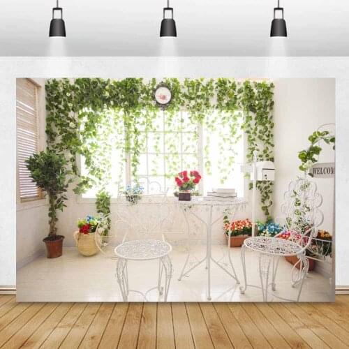 Laeacco Room Interior Desk Chair Green Rattan Flowers Window Scene Photography Background Photographic Backdrop For Photo Studio