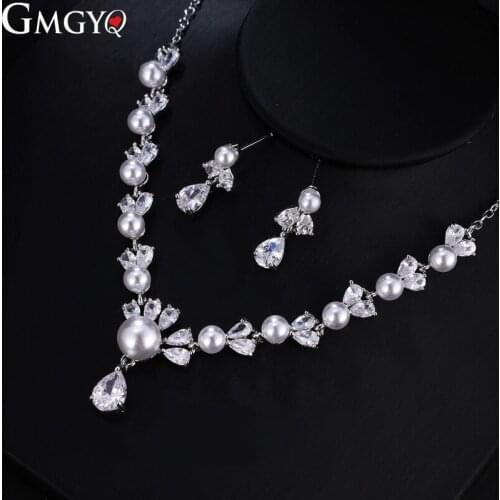 GMGYQ 2019 New Freshwater Pearl Jewelry Fashion Zircon Earrings Necklace Two-piece Set Gift for Womens Dress Accessories