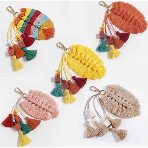Pure Handmade Creative Cotton Tassel Pendant Leaves Wooden Beads Bag Ornaments Nordic National and European Keychain Pendant