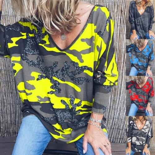 Hot Sale New Womens V-neck Printed Long-sleeved T-shirt Casual Street Loose Top S-5XL