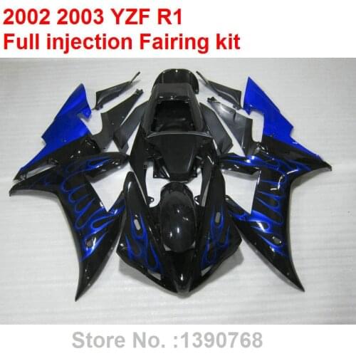 Hot sale fairings for Yamaha YZF R1 2002 2003 blue flames black fairing kit YZFR1 02 03 BV31