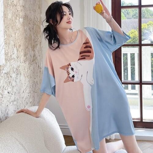 Cute Caroon Sleep Dress Women Summer Satin Silk Short Sleeved Nightdress Plus Size Night Wear Ladies Loose Pajamas Home Clothing