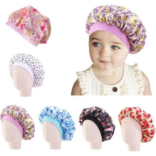 Cute Pattern Bonnet Night Sleep Cap for Children Kids Satin Wide-brimmed Elastic Turban Chemo Hat Girl boy Hair Care