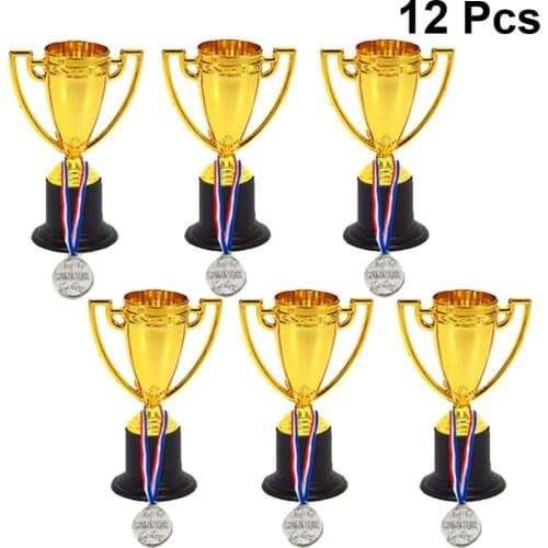 12pcs Mini Gold Cups Trophy and Award Medals Prizes Small Medals Gift Awards Trophy Toys for Students Sport(6pcs Trophie