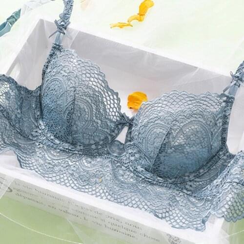 Fashion Blue Floral Lace Bra And Panties Transparent Female Sexy Lingerie No Padded Underwire Push Up Bras Underwear Women Sets