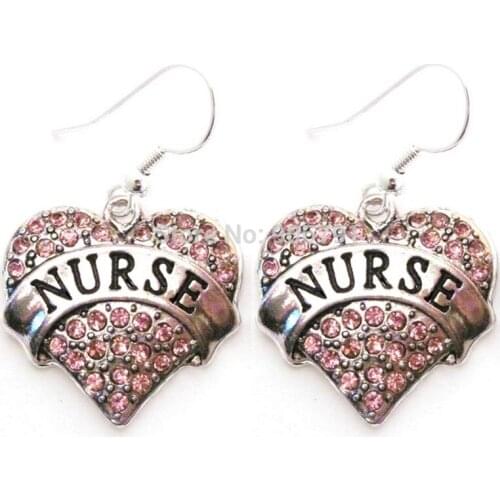 Newest Styles rhodium plated Nurse Pink Crystal Heart Earrings(E100058), 30pair a lot