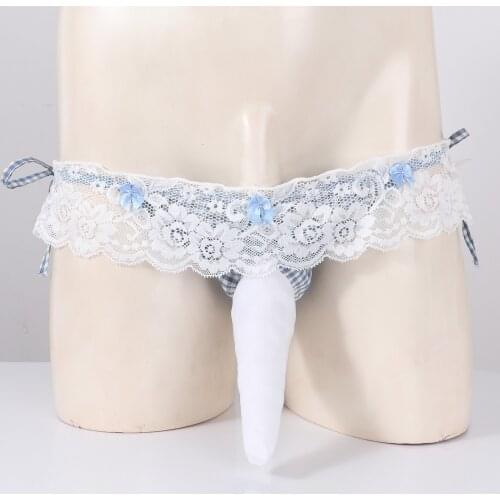 Mens Lingerie Bulge Pouch Lace Trimming Underpants Low Waist lace-up Plaid Patchwork Briefs Panties Sissy Underwear