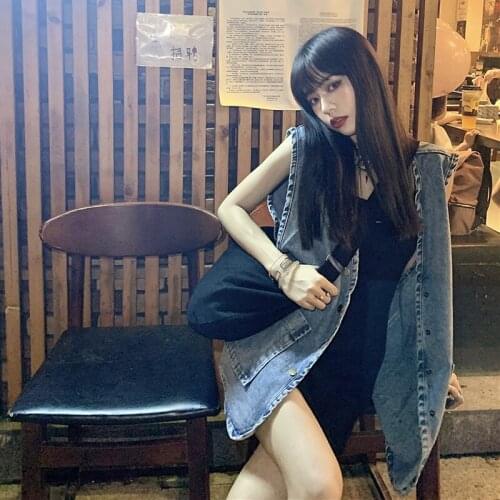 High street denim blazer casual women vest waistcoat women long suit vest female jacket coat blue pockets lady