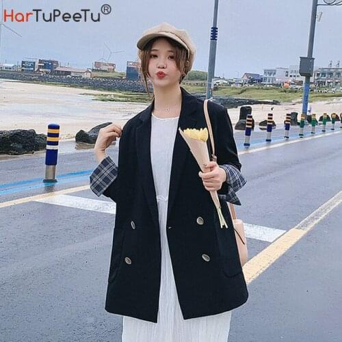 Spring Autumn Girls Blazer Coat Chic England Style Elegant Black Loose Work or Casual Outwear Patchwork Plaid Cuff Korean Tops