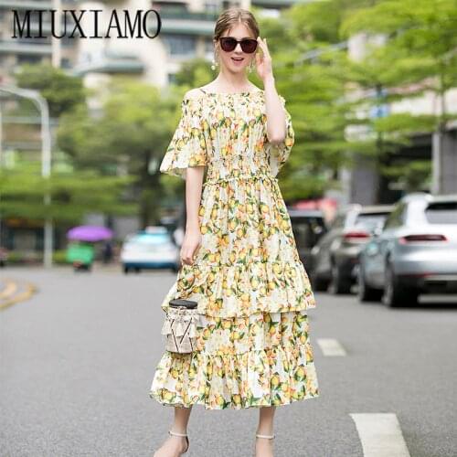 MIUXIMAO 2020 Spring Dress Slash Neck Vintage Flower Print Elegant Slim High Quality Casual Party Long Dress Women Vestido