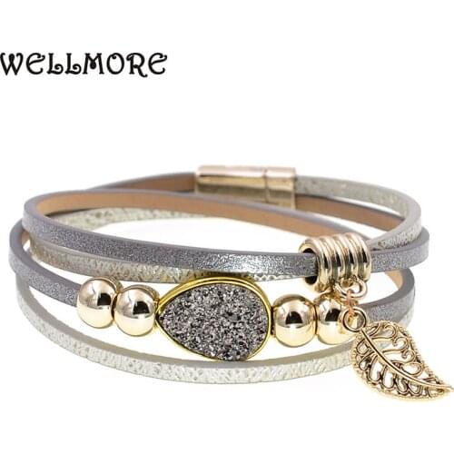 WELLMORE fashion jewelry leather bracelet beaded bracelets leaf stone wrap bracelets for women Bohemian bracelet wholesale