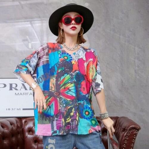 2118 New Summer Short Sleeve Knitted T-shirt Vintage European Pullover Women Print Streetwear Style Oversized Women Tops