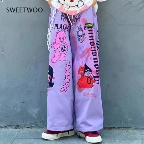 2021 Summer Wide Leg Pants Womens Hip Hop Street Cartoon Print Personality Graffiti Straight Loose Casual Pants