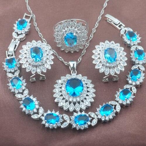 2020 New Womens Wedding Jewelry Set of Earrings And Ring Sky Blue Zirconia Bracelet Silver Color Necklace Pendant Sets YZ0447