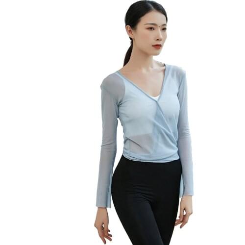 Women See-through Mesh Dance Top V Neck Long Sleeves Practice Top for Yoga Classical Dance Ballet Dance Show Performance Shirt