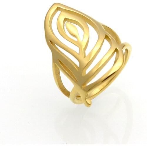 New Gold Color Hollow Big Leaf Rings For Women Stainless Steel Ring Cocktail Party Fashion Female Jewelry AAA Quality