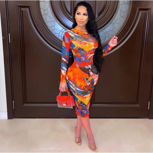 Aesthetic Printed Elegant Wrap Midi Dress for Women Round Neck Long Sleeve Bodycon Dresses Vintage Fall Body-shaping Vestidos