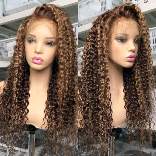 13x4 Lace Front Human Hair Wigs for Black Women Brown Highlight Ombre Brazilian Deep Curly Hair 4x4 Lace Closure Wig Pre Plucked