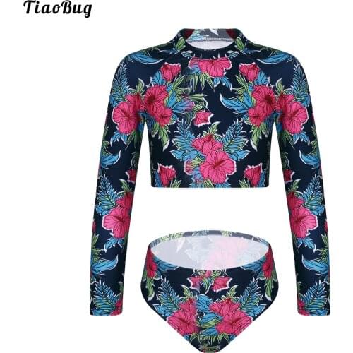 TiaoBug 2Pcs Kids Girls Floral Print Swimming Suit Round Neck Long Sleeves Cropped Top And Briefs Beach Swimwear Bathing Suits