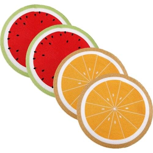 4 Pcs PP Woven Round Placemat Cartoon Fruit Dining Table Plate Mat Watermelon Lemon Drink Coasters Kitchen Accessories