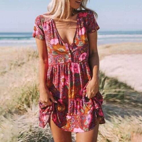 50% Hot Sales Dress V-neck Floral Printed Skin-friendly Short Buttons Casual Patchwork Beach Dress for Travel