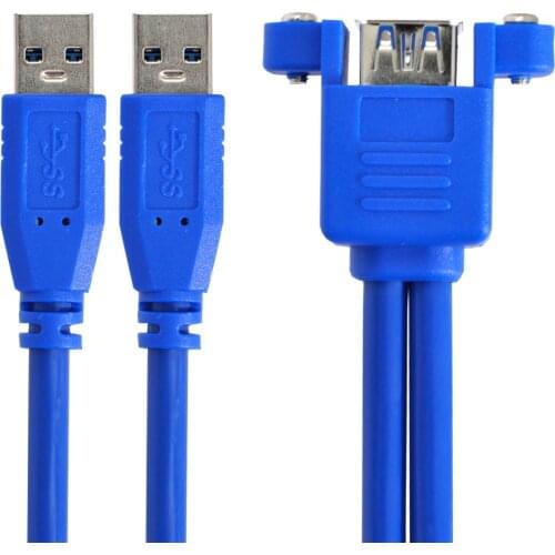Cablecc Combo Dual USB 3.0 Male to Stackable Female Extension Cable 50cm with Screw Panel Mount Holes
