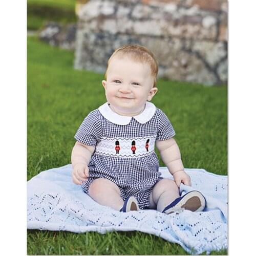 Boys Spanish Smocked Romper Baby Soldier Embroidery Jumpsuit Children Handmade Smock Plaid Rompers Kids Boutique Clothing