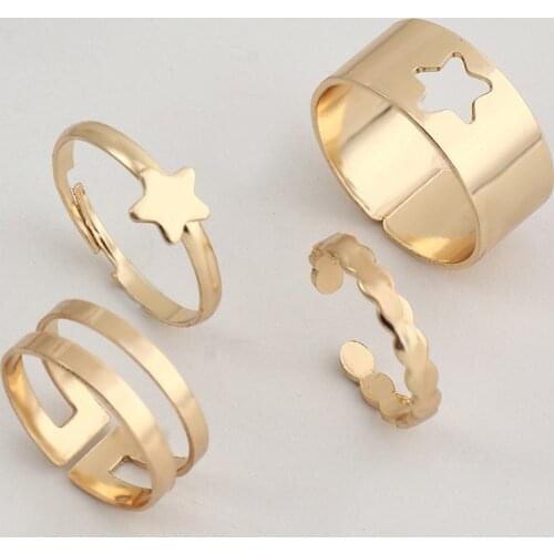 Charm Hollow Star Moon Ring Set For Lover Simple Geometric Metal Adjustable Opening Ring For Women Men Fashion Couple Jewelry