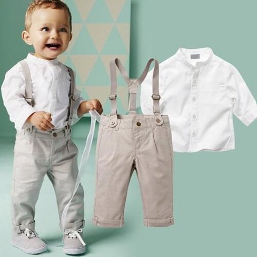 Baby Boy Clothes Set Toddler White Shirt+Bib pants Gentleman Fashion Boy Clothes Kids Shirt
