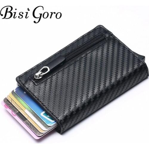 BISI GORO New RFID Wallet 2019 Antitheft Aluminum Box ID Card Holder PU Leather Pop Up Card Case Magnet Carbon Fiber Coin Purse