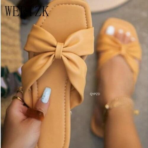 Summer Square Toe Bowknot Womens Slippers Casual Plus Size Flat Slip on Womens Sandals Outdoor Outdoor Beach Shoes Women 2021