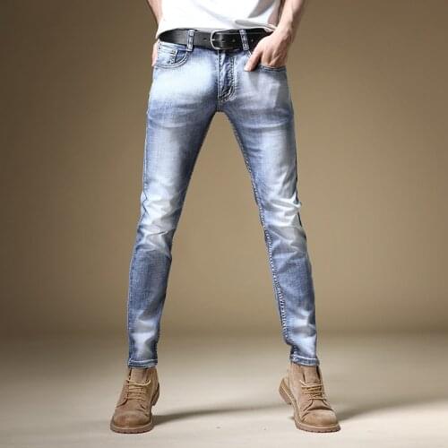 Men Stretch Light Blue Jeans Fashion Cotton Straight Slim Fit Pants Casual Streetwear Denim Trousers