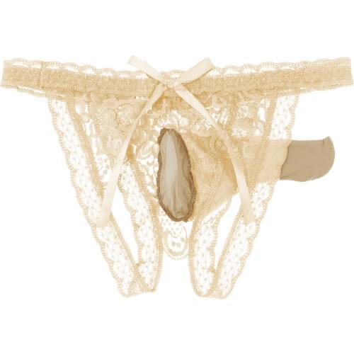 Mens Sexy Lingerie Crotchless Underwear Open Butt Bowknot Panties Low Rise Lace Briefs Elastic Waistband Bulge Pouch Underpants