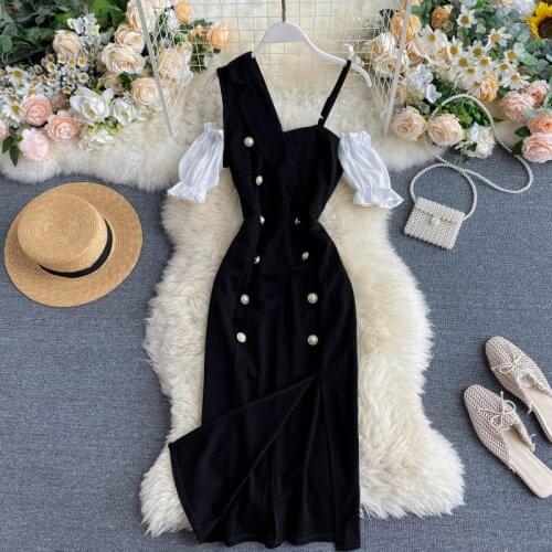 One shoulder strap design puff sleeve contrast color stitching retro double-breasted slim dress long style dresses