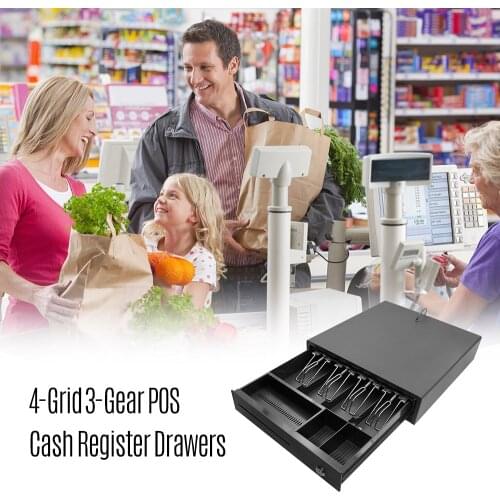 Heavy Duty Cash Drawer Four-Grid Three-Gear POS Cash Register Drawers Cashbox with Money Tray and Lock RJ11 Interface