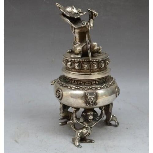 Tibet Tibetan Silver Bronze Mahakala Buddha Incense Burner Censer Holder Metal Home Decor Buddhism Decoration Censer L