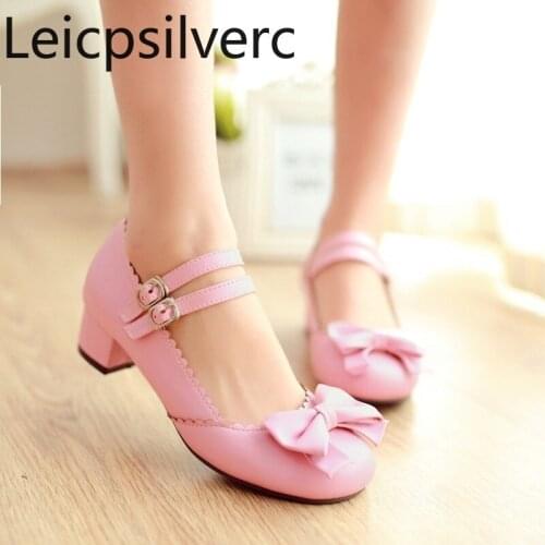 Pumps Spring and autumn New fashion Round head Buckle butterfly Knot Ruffles Thick heel mid heel Womens shoes plus size 30-50