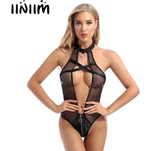 Ladies Women Halter Neck O-Ring Bodysuit Fishnet Patent Leather Patchwork High Cut Hollow Out One-Piece Sissy Teddies Clubwear