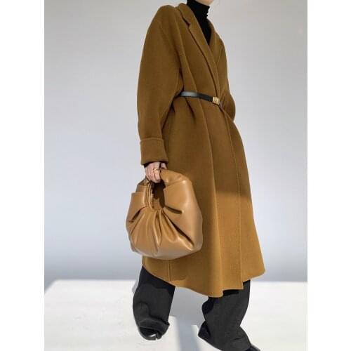 2021 Winter Retro Lamb Sleeves Handmade Double-sided Wool Coat Women Mid-length Woolen Coat