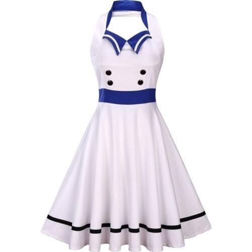 Summer Women Sailor Collar Navy Vintage Dress Sexy Halter White Green Hepburn Retro 50s 60s Big Swing Rockabilly Dress Vestidos