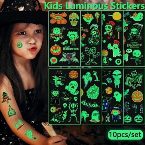10pcs Kids Temporary Tattoos Waterproof Cartoon Luminous Tattoo Stickers Halloween Party Event Body Art Flash Fake Tatto Sticker