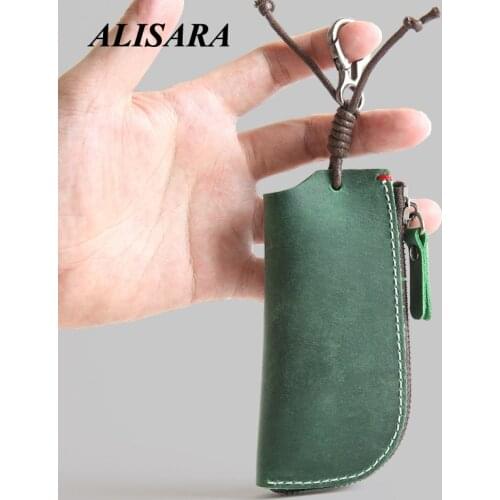 Car Key wallet vintage The first layer cowhide Green key case Popular Japanese styles Handmade Car Key Holder man Pocket women