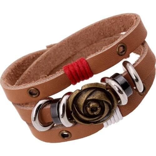 Boho Gypsy Hippie Vintage Punk Brown Red Leather Hematite Bead Star Rose Flower Copper Charms Wrap Unisex Triple Layers Bracelet
