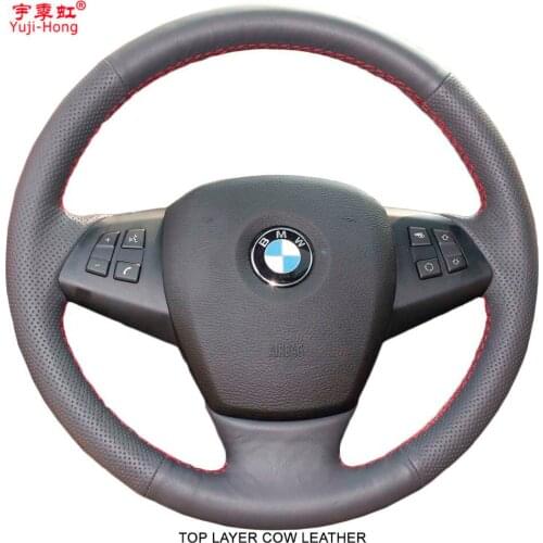 Yuji-Hong Top Layer Genuine Cow Leather Car Steering Wheel Covers Case for BMW X5 E70 2008-2013 Hand-stitched Cover