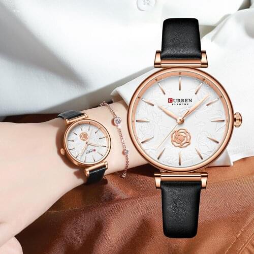 CURREN Charming Womens Wristwatches with Leather Elegant Rose Flower Dial Quartz Watches Female Clock часы женские