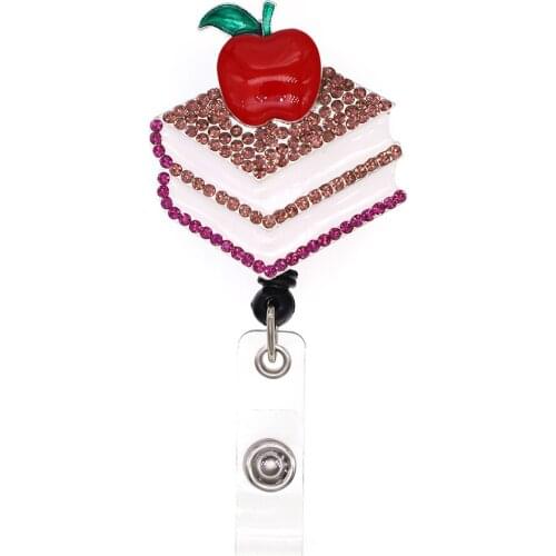 10pcs/lot Education Rhinestone Teacher Gifts Book Red Thanksgiving Nurse Teacher ID Card Name Badge Holder Pull Reel