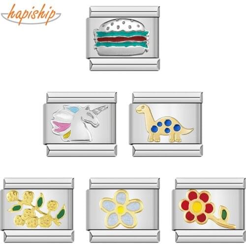 Hapiship Original Daisy Dinosaurs Unicorns Flowers Hamburg Charm Links Fit 9mm Bracelet Stainless Steel Jewelry Making DJ376