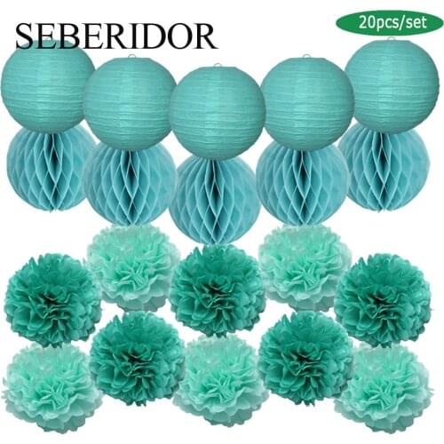 Baby Baptism Party Favor Mint Blue Set Round Paper Lantern Ball Honeycomb 6" 8" 10" 12" Wedding Birthday Decor Tissue Pompoms